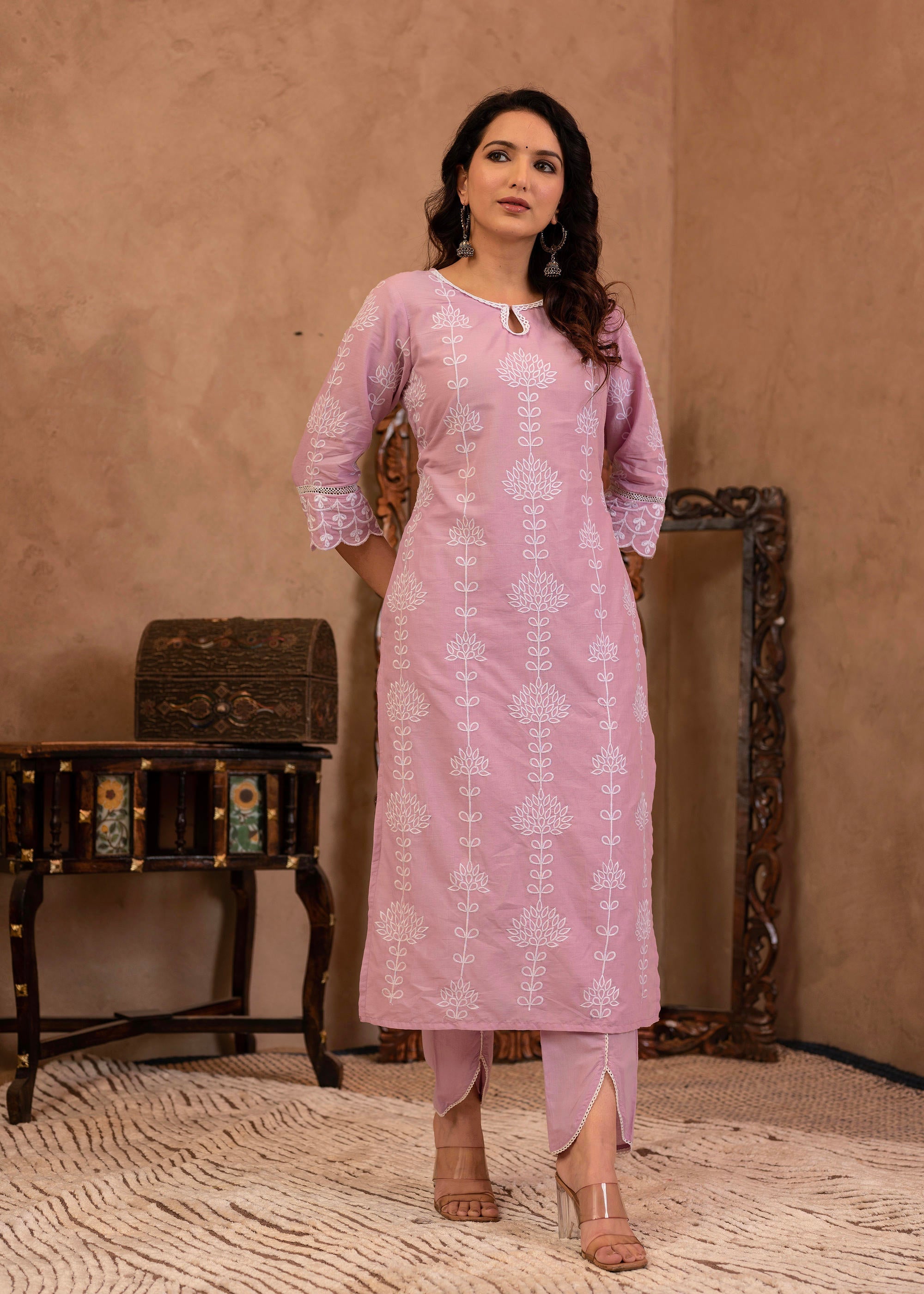 Juniper Lavender Embroidered Cotton Kurta with Palazzo & Cotton Sleeves - Distacart