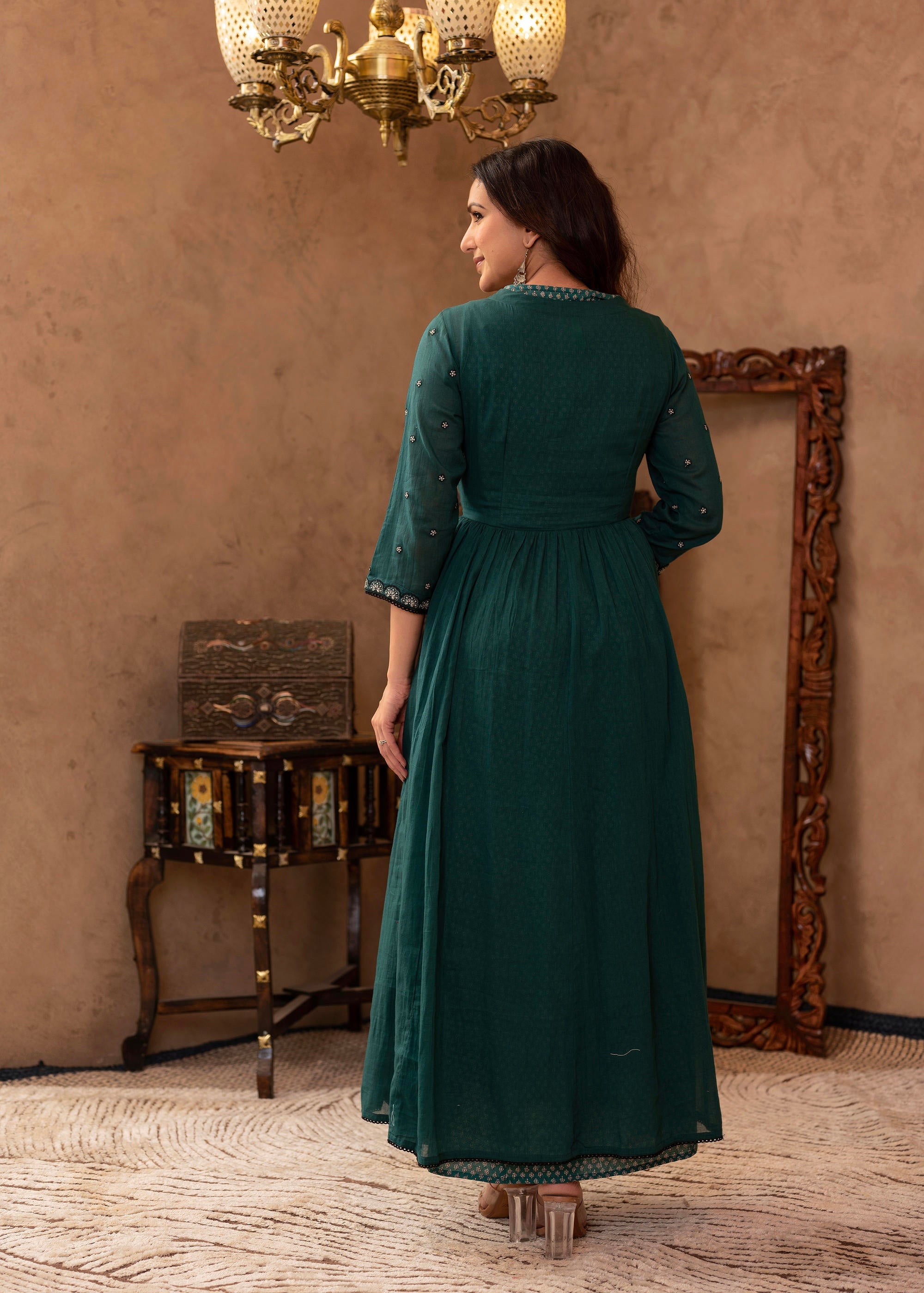 Juniper Green Floral Embroidered Cotton Dress with Button Details - Distacart