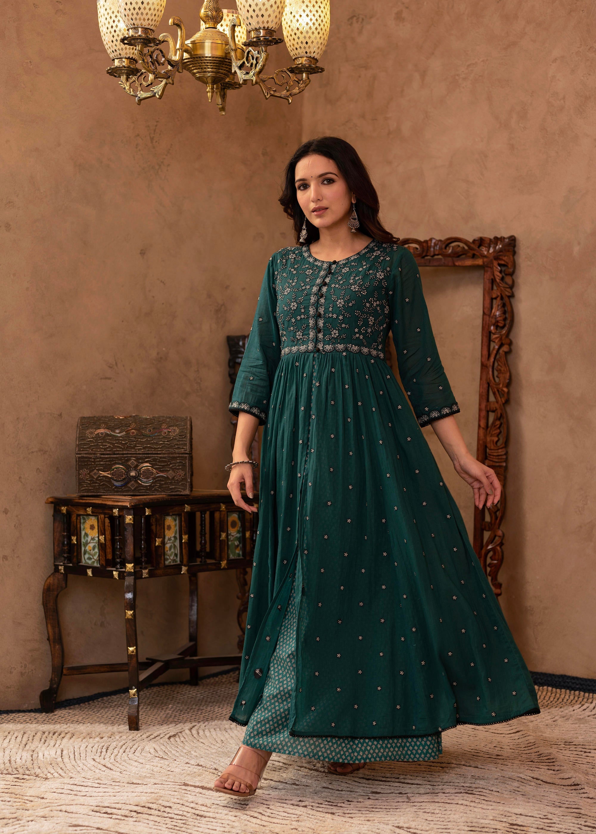 Juniper Green Floral Embroidered Cotton Dress with Button Details - Distacart