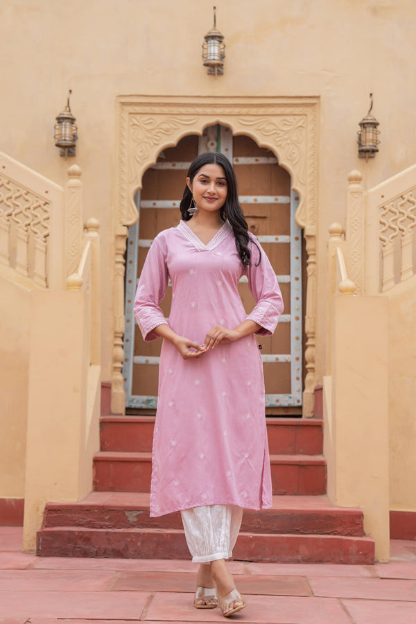 Juniper Pink Embroidered Viscose Kurta with Printed Cotton Pant - Distacart