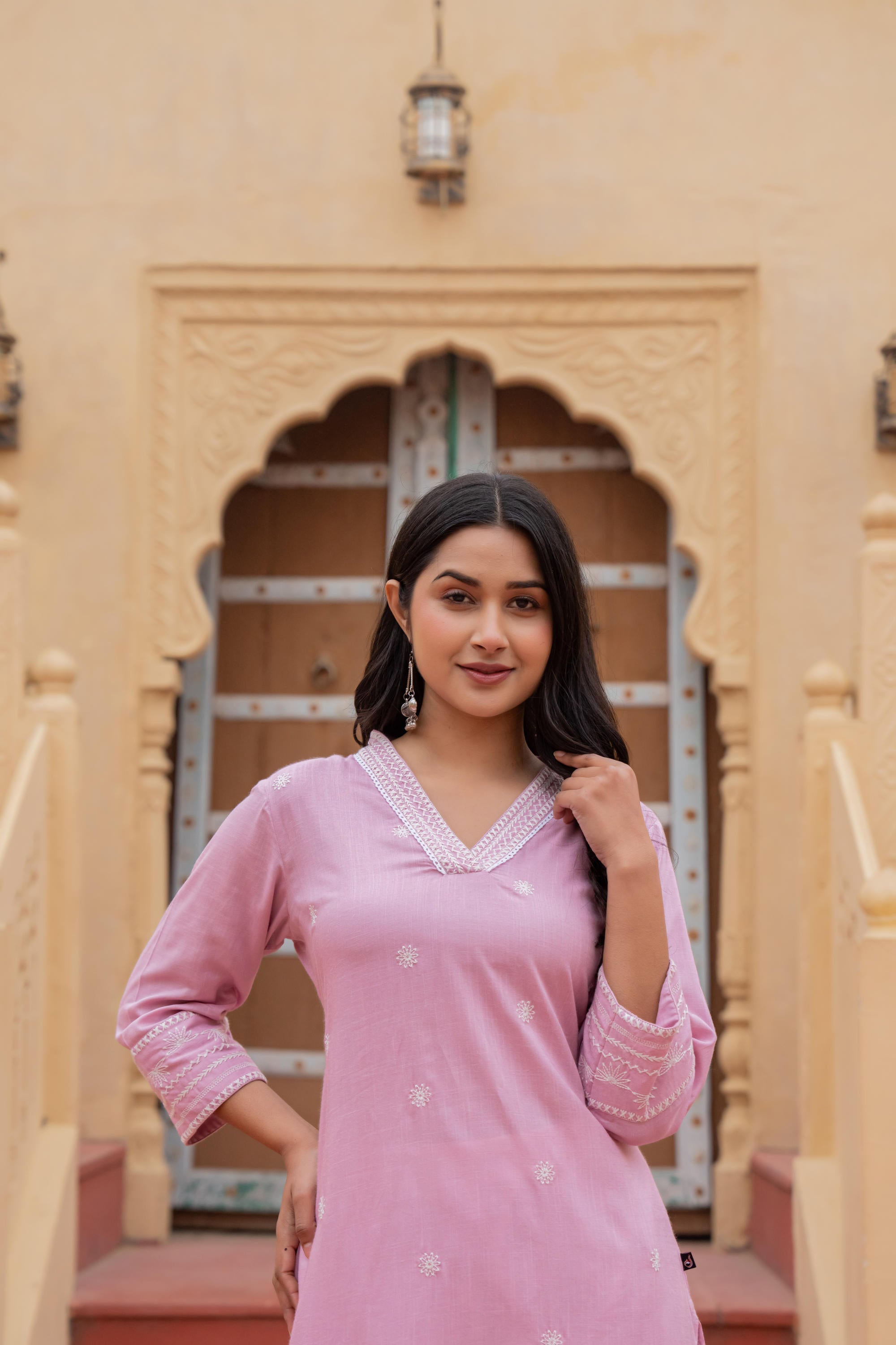 Juniper Pink Embroidered Viscose Kurta with Printed Cotton Pant - Distacart