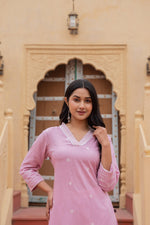 Thumbnail for Juniper Pink Embroidered Viscose Kurta with Printed Cotton Pant - Distacart