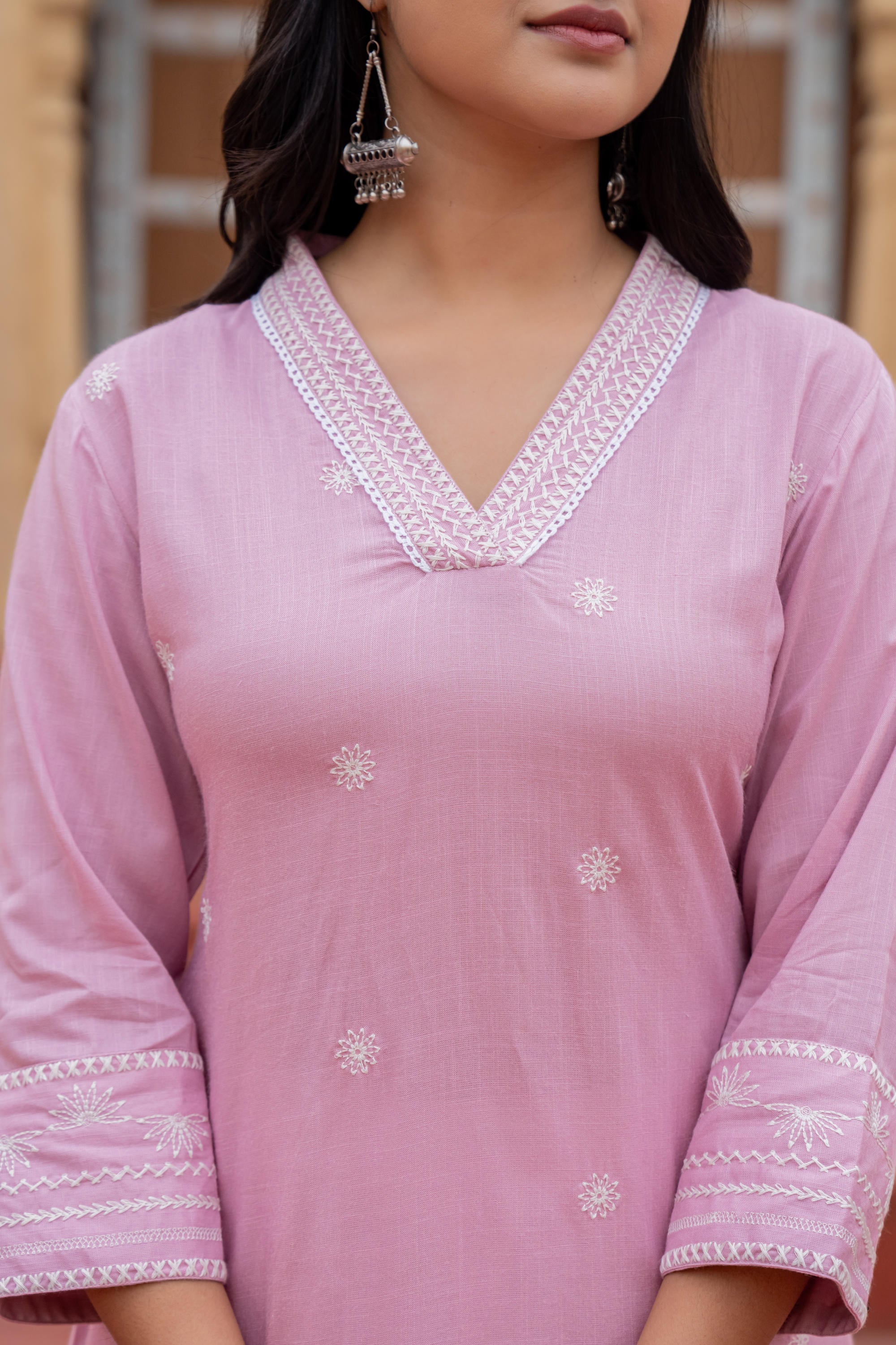 Juniper Pink Embroidered Viscose Kurta with Printed Cotton Pant - Distacart