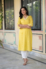 Thumbnail for Juniper Yellow Embroidered Viscose Kurta with Printed Cotton Pant - Distacart