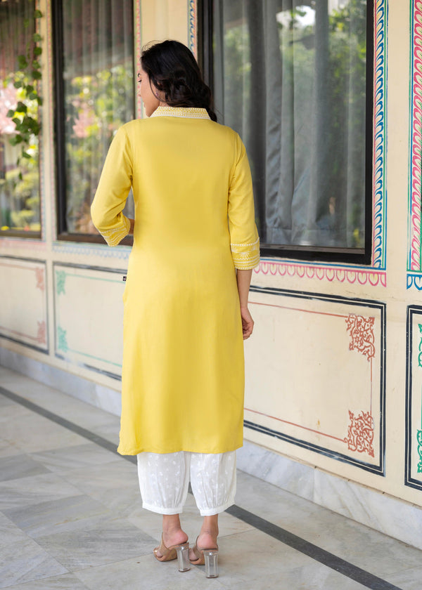 Juniper Yellow Embroidered Viscose Kurta with Printed Cotton Pant - Distacart