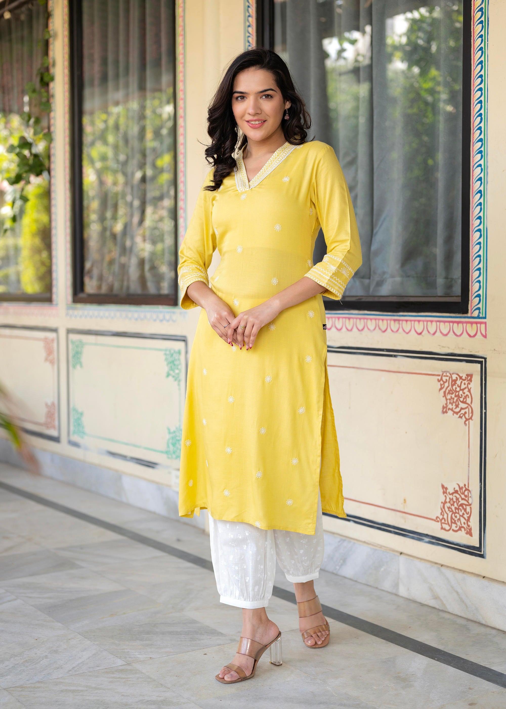 Juniper Yellow Embroidered Viscose Kurta with Printed Cotton Pant - Distacart