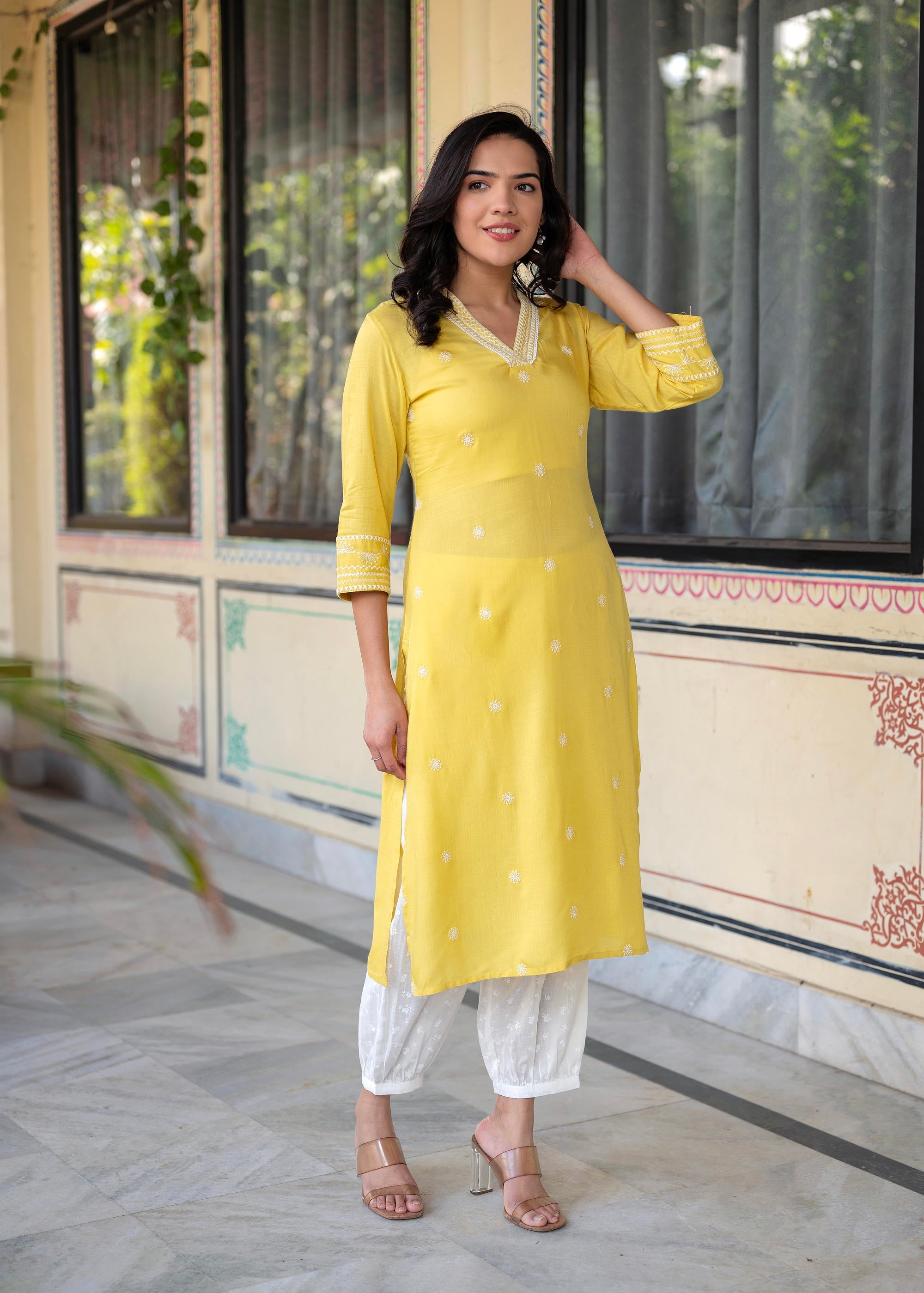 Juniper Yellow Embroidered Viscose Kurta with Printed Cotton Pant - Distacart
