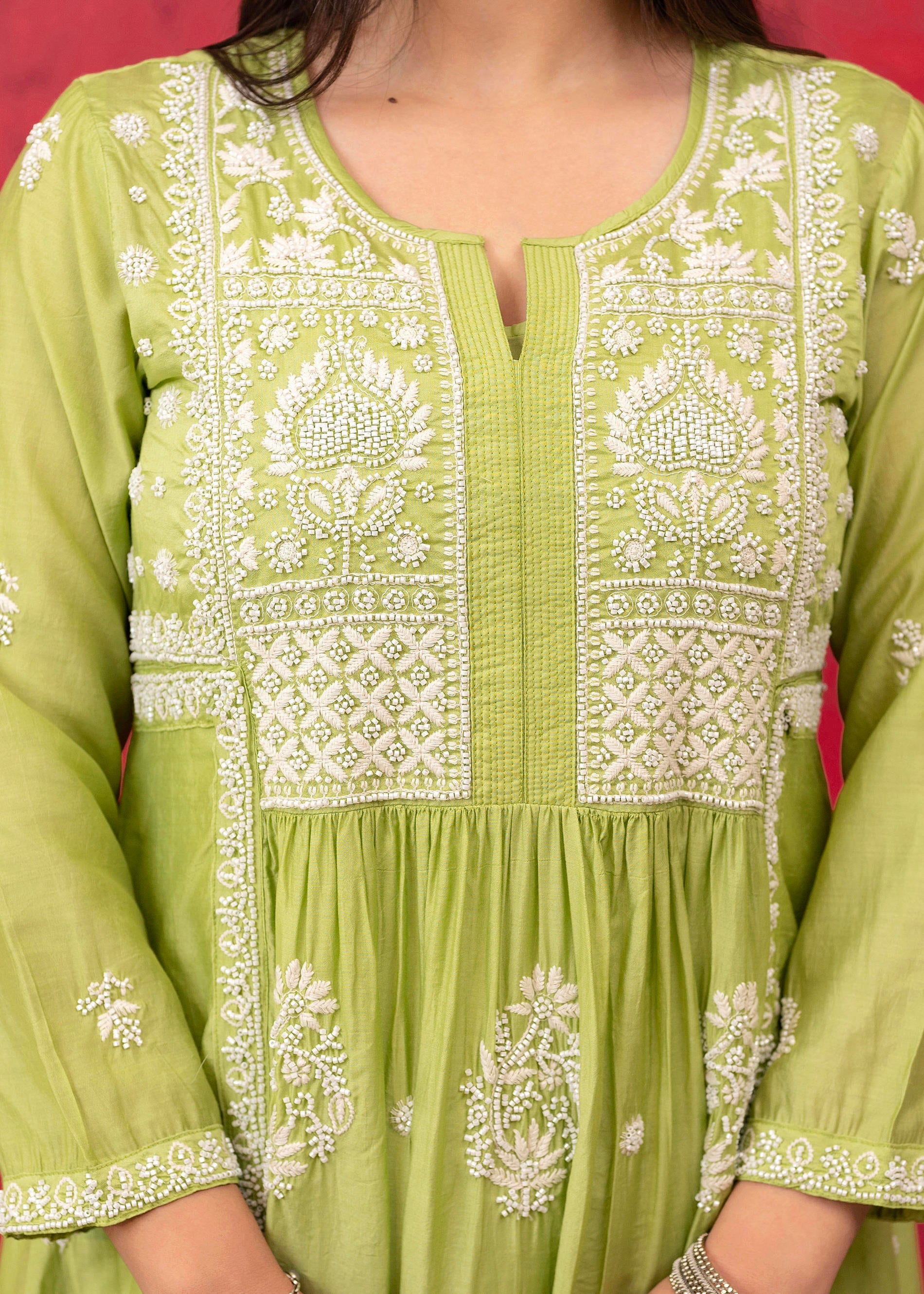 Juniper Lime Green Chanderi Kurta Pant Dupatta Set with Thread & Bead Work