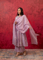 Thumbnail for Juniper Lavender Embroidered Floral Chanderi Kurta with Palazzo & Dupatta - Distacart