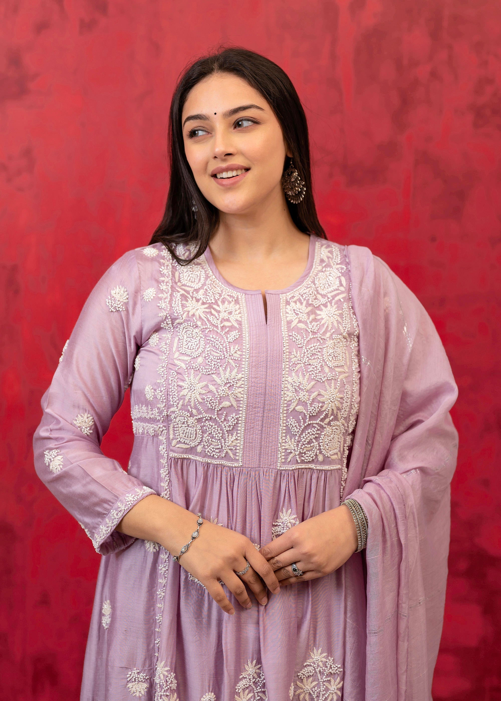 Juniper Lavender Embroidered Floral Chanderi Kurta with Palazzo & Dupatta - Distacart