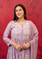 Thumbnail for Juniper Lavender Embroidered Floral Chanderi Kurta with Palazzo & Dupatta - Distacart