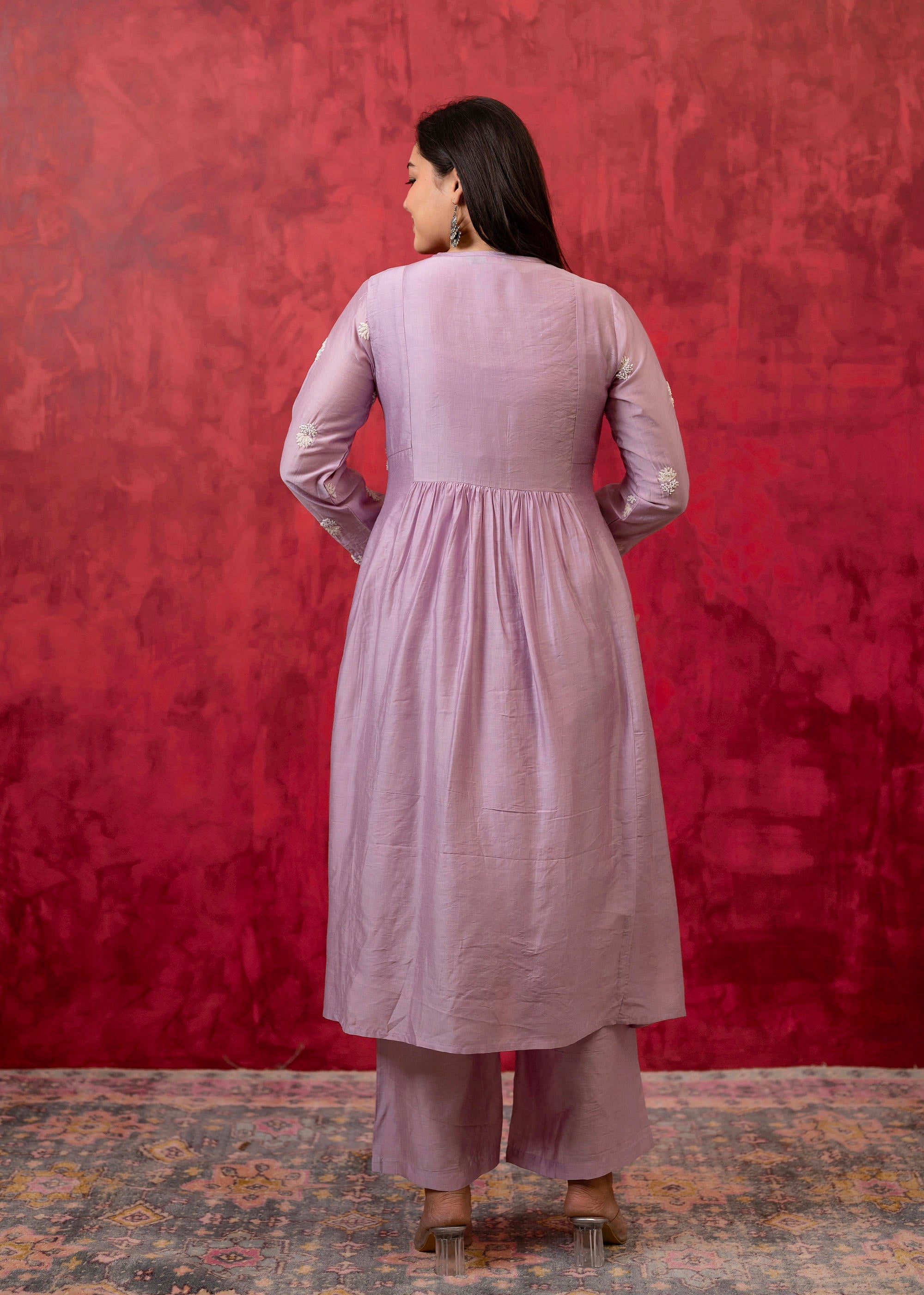 Juniper Lavender Embroidered Floral Chanderi Kurta with Palazzo & Dupatta - Distacart