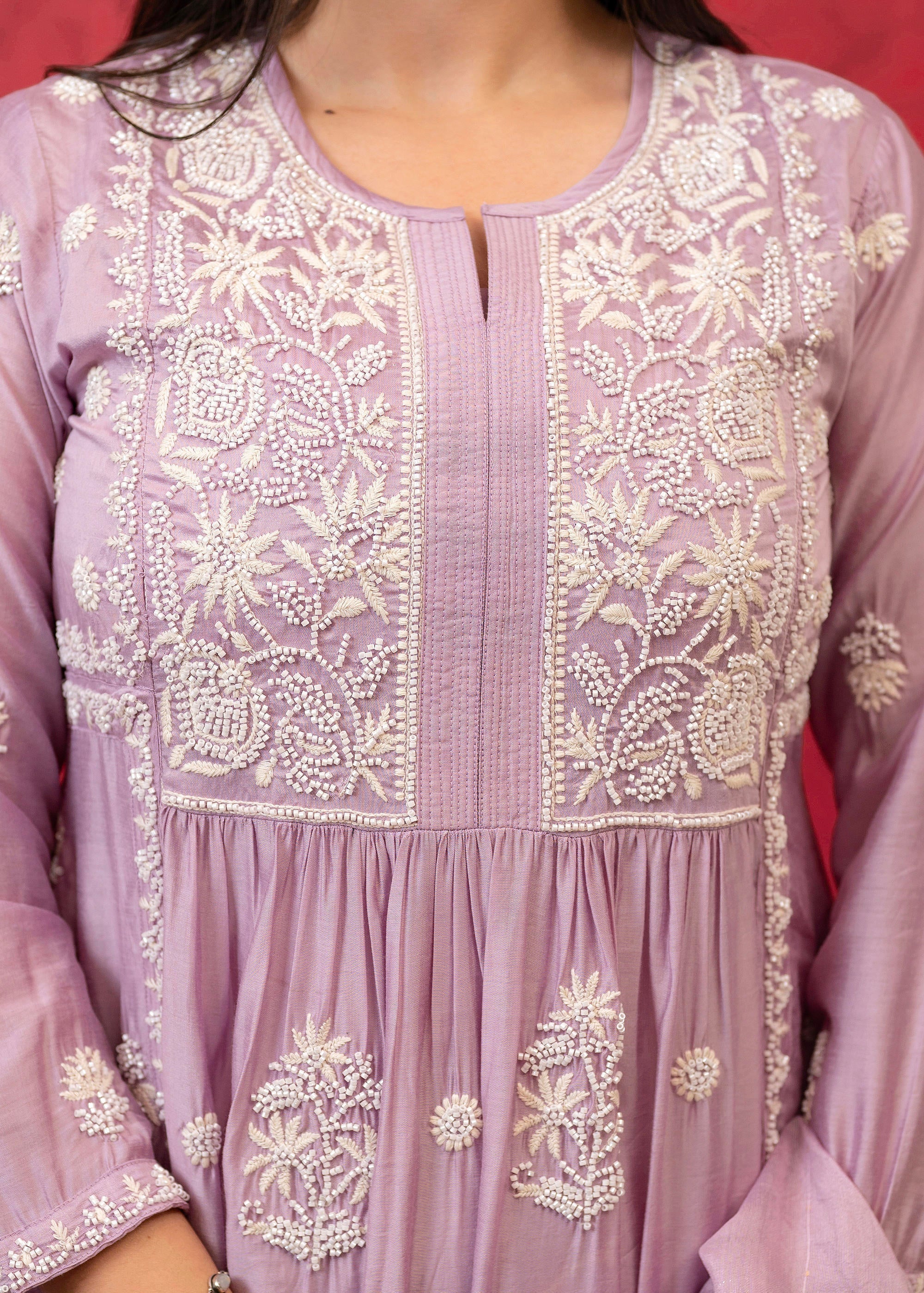Juniper Lavender Embroidered Floral Chanderi Kurta with Palazzo & Dupatta - Distacart