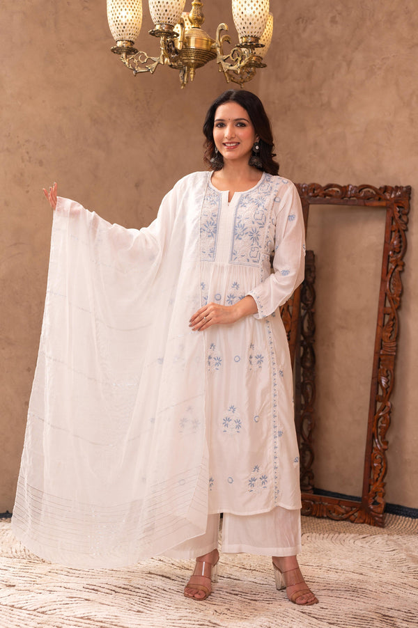 Juniper Off-White Chanderi Floral Embroidered Kurta with Palazzo, Dupatta & Bead Work - Distacart