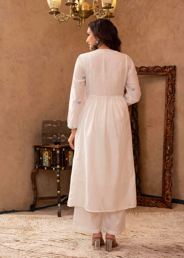 Juniper Off-White Chanderi Floral Embroidered Kurta with Palazzo, Dupatta & Bead Work - Distacart