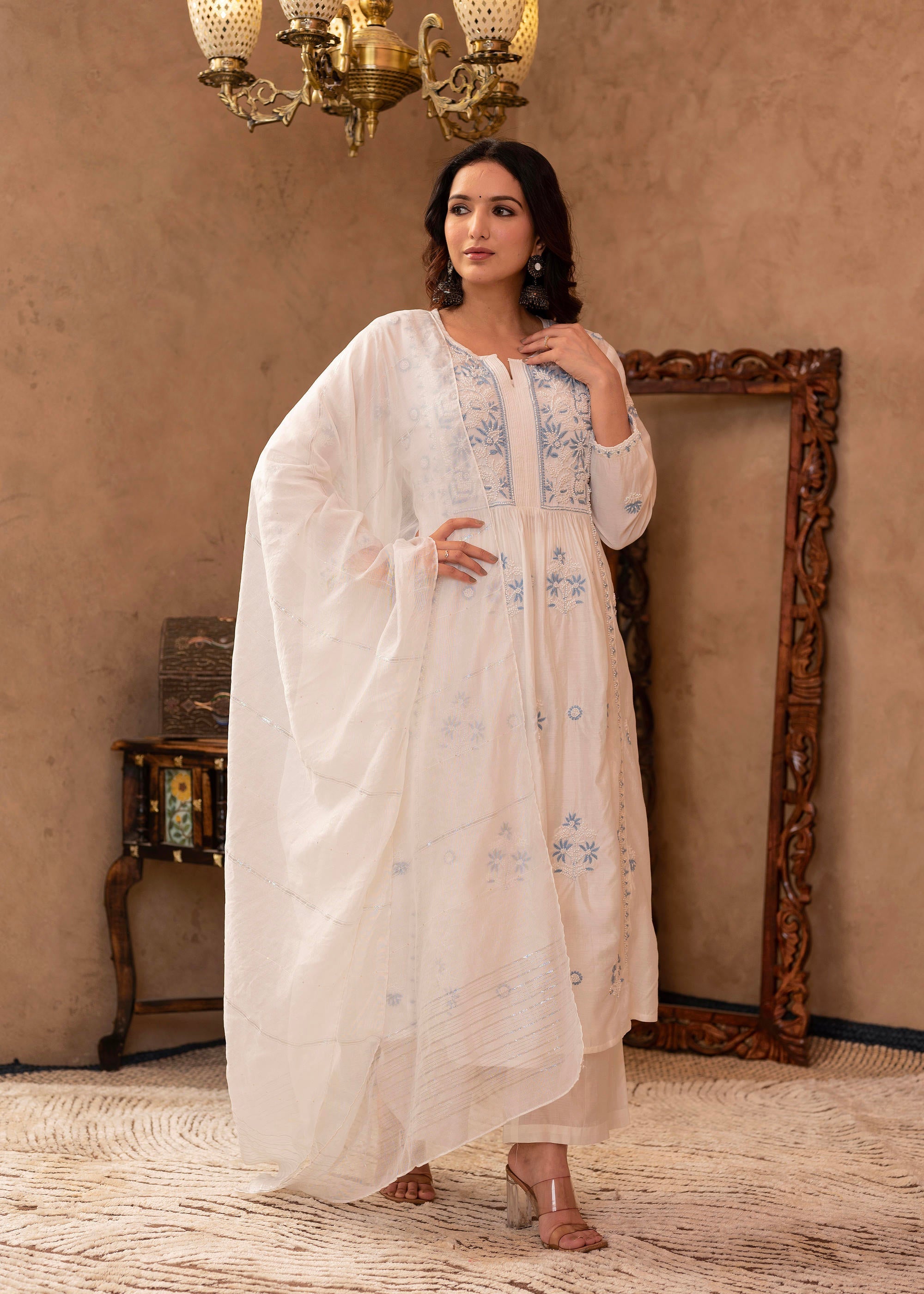 Juniper Off-White Chanderi Floral Embroidered Kurta with Palazzo, Dupatta & Bead Work - Distacart