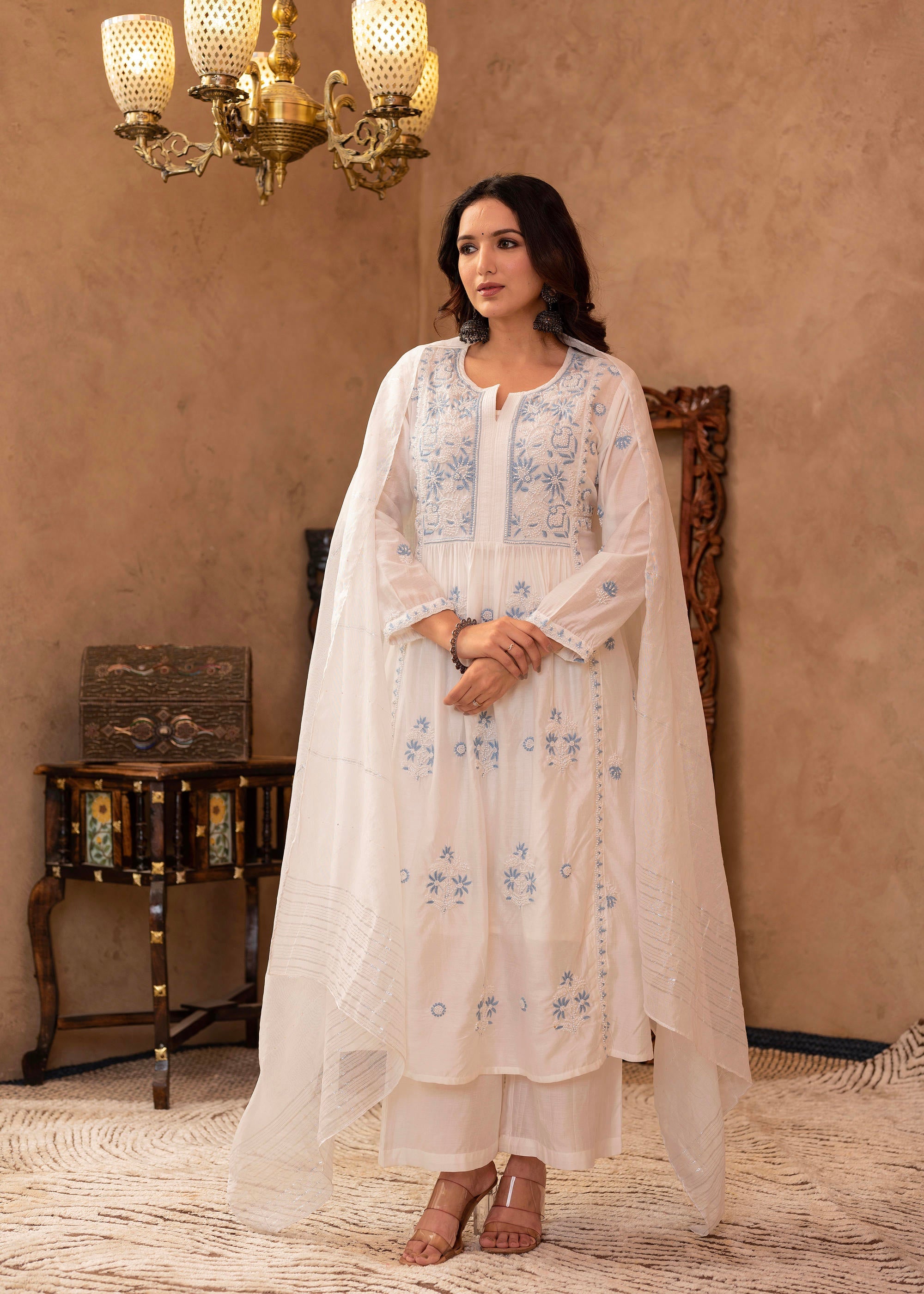 Juniper Off-White Chanderi Floral Embroidered Kurta with Palazzo, Dupatta & Bead Work - Distacart