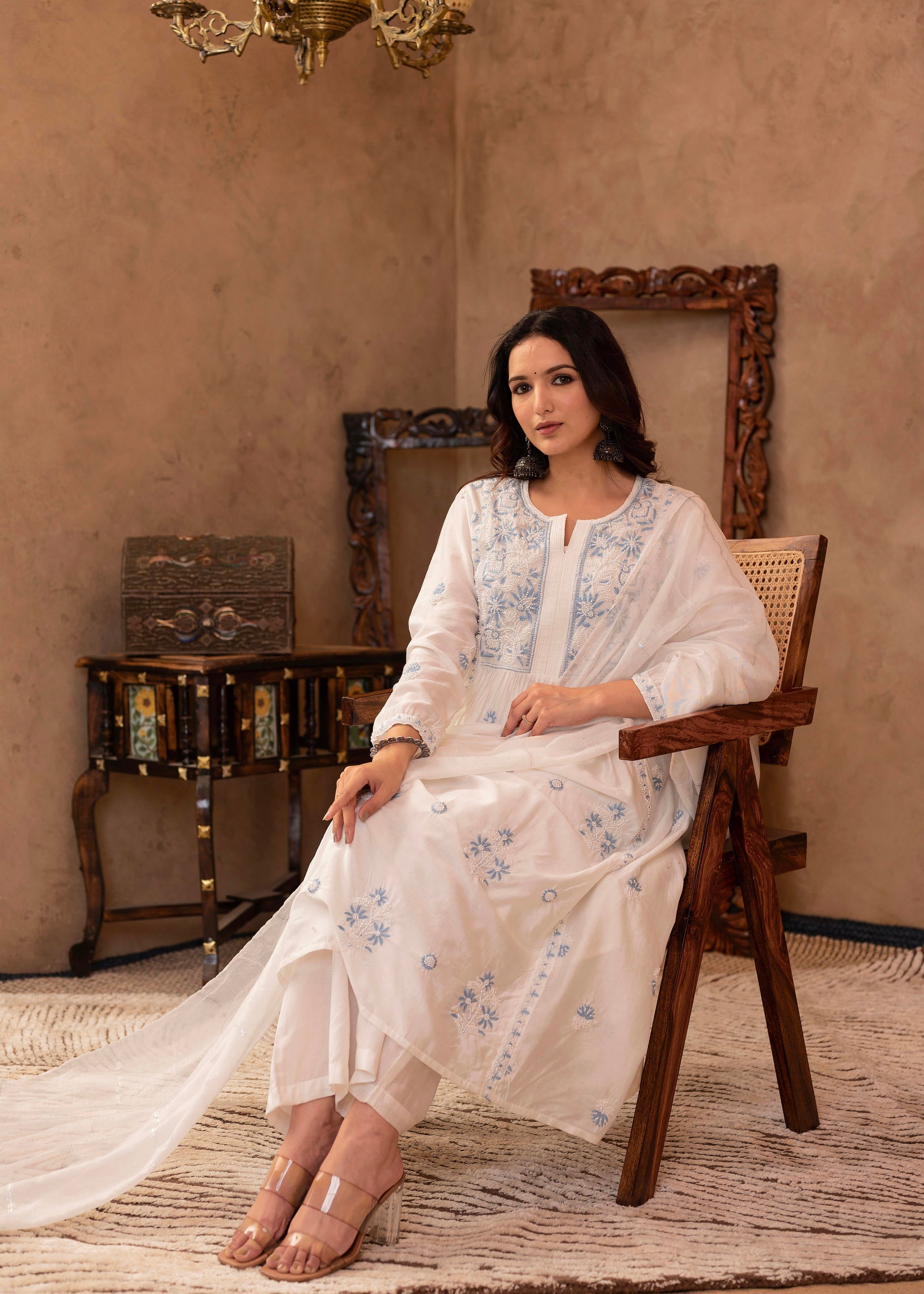 Juniper Off-White Chanderi Floral Embroidered Kurta with Palazzo, Dupatta & Bead Work - Distacart