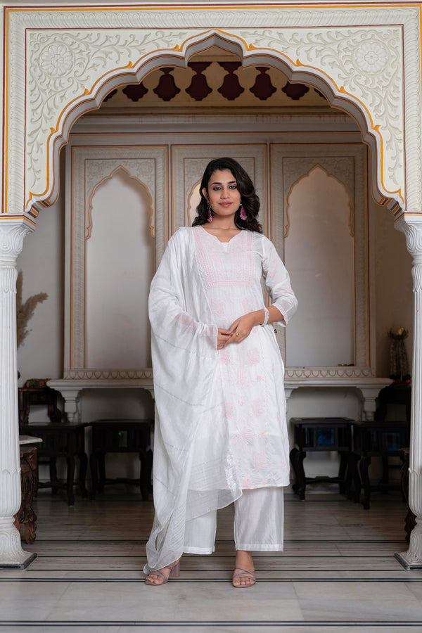 Juniper Off-White Chanderi Kurta with Bead Work & Thread Detailing - Distacart