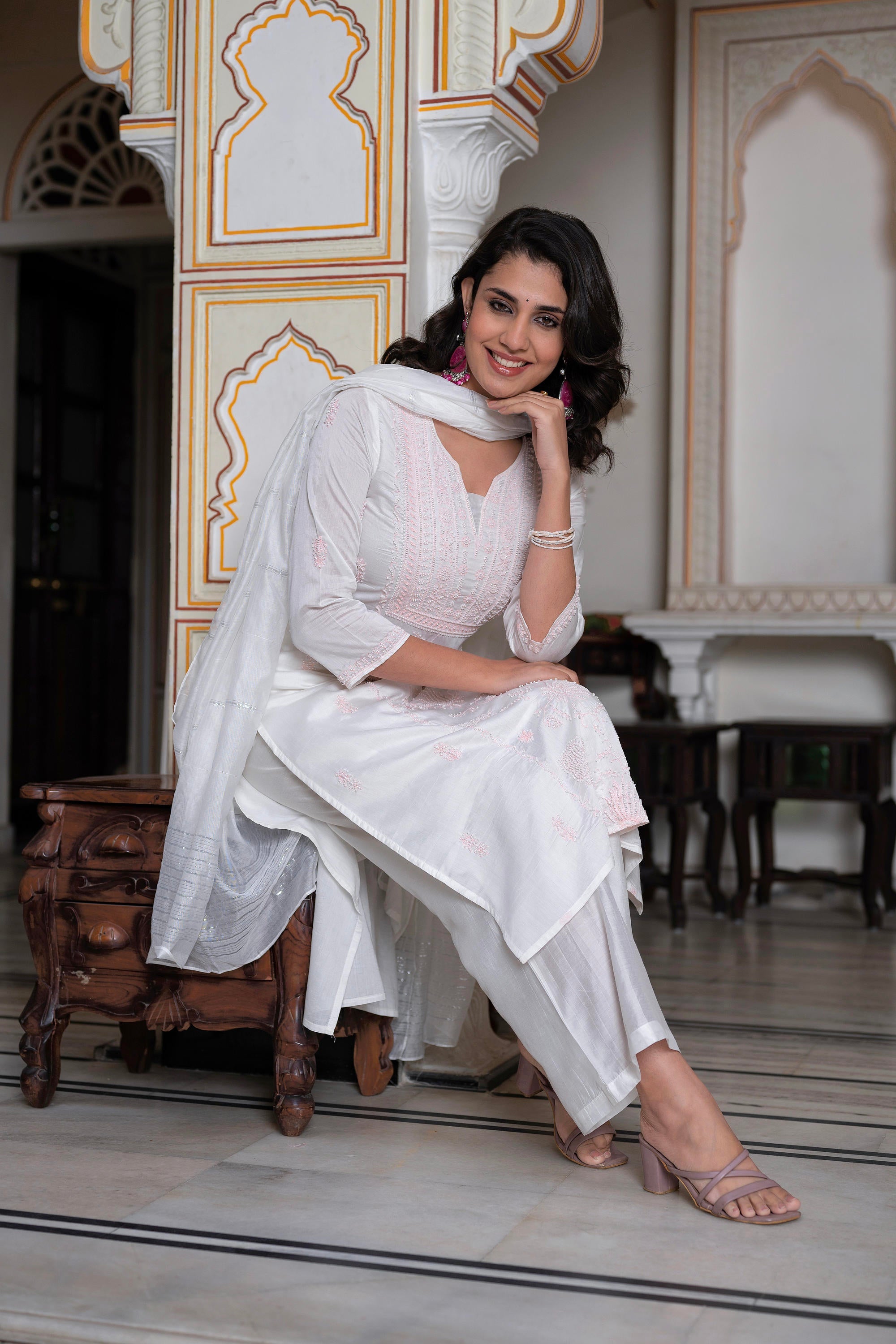 Juniper Off-White Chanderi Kurta with Bead Work & Thread Detailing - Distacart