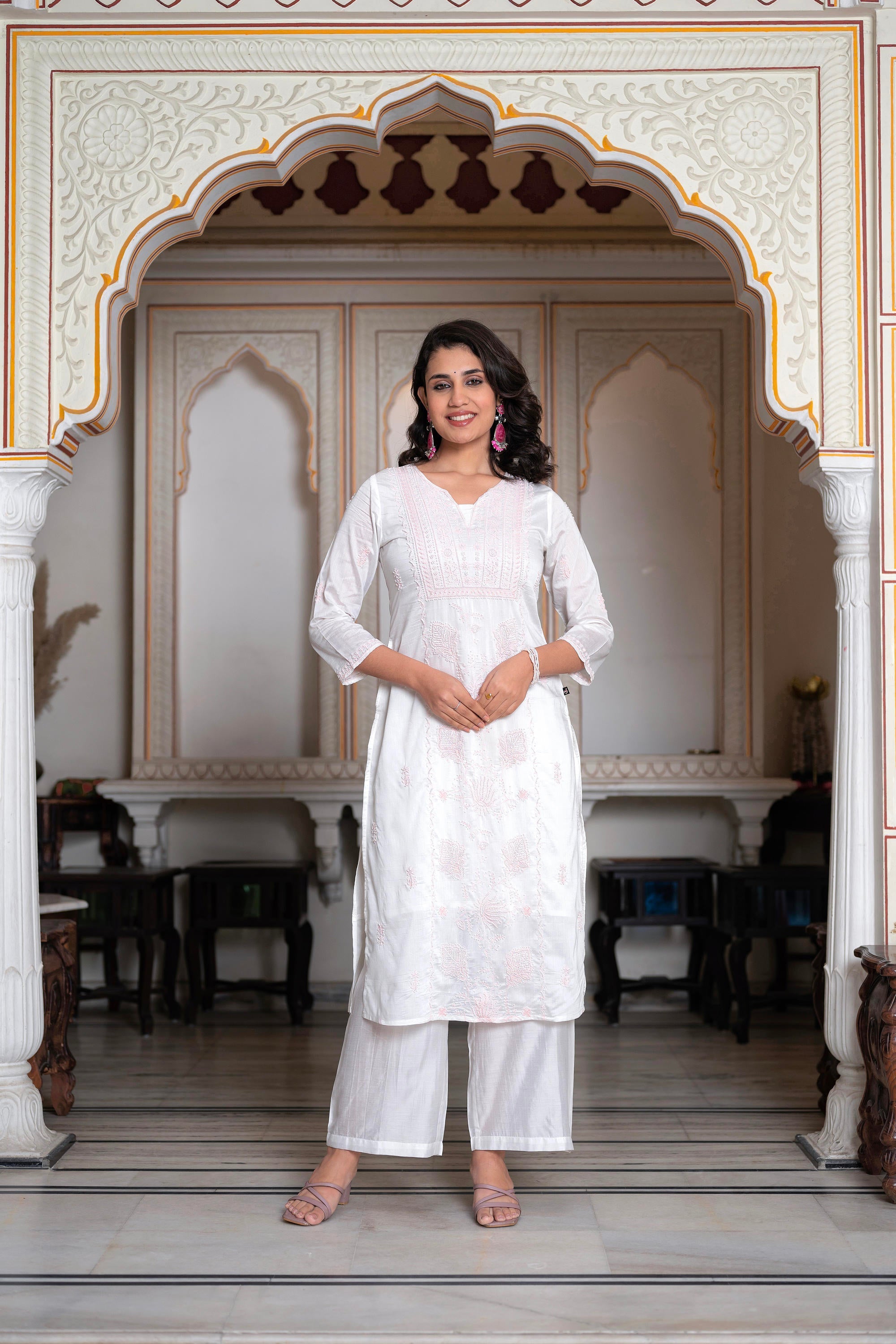 Juniper Off-White Chanderi Kurta with Bead Work & Thread Detailing - Distacart