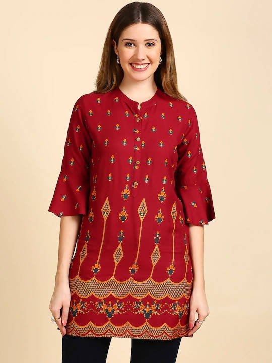 Anubhutee Maroon & Golden Printed Straight Kurti - Distacart