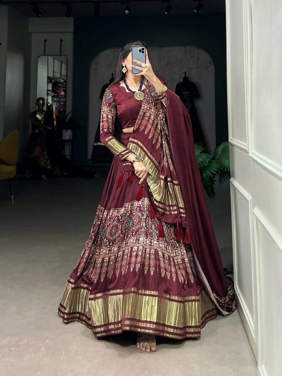 Vastranavya Traditional Every Occasion Gaji Silk Digital Print With Lagadi Patta Lehenga with Unstitched Blouse - Maroon