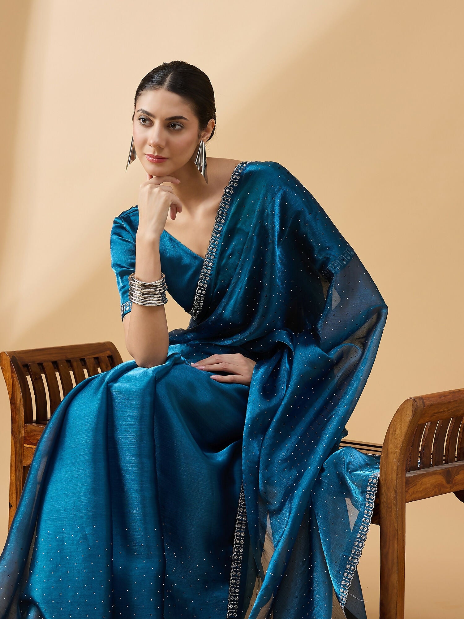 Teal Organza Swaroski Diamond Work Saree with Unstitched Blouse - Radha - Distacart