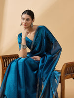 Thumbnail for Teal Organza Swaroski Diamond Work Saree with Unstitched Blouse - Radha - Distacart
