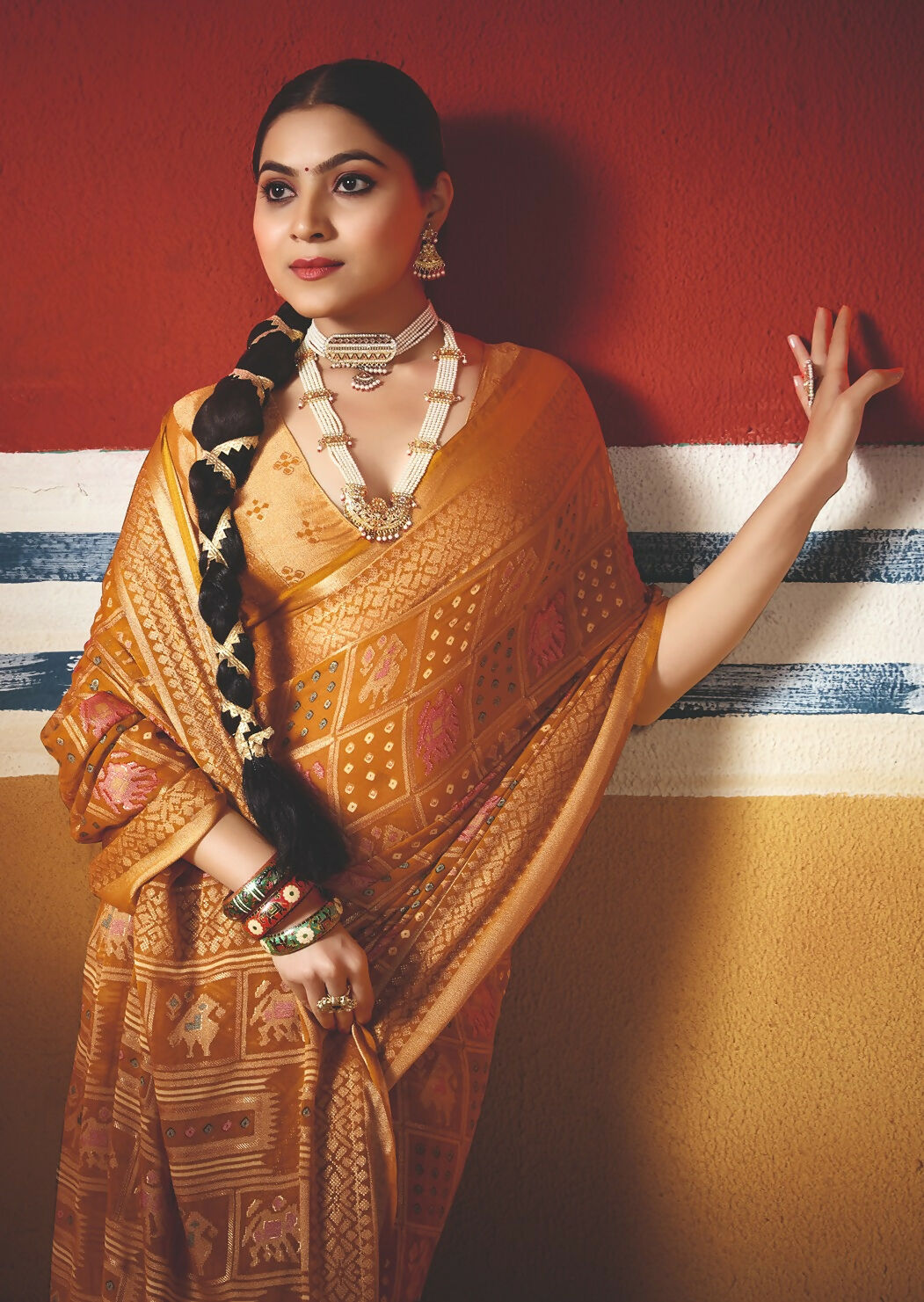 Joban Fashion Yellow Dull Moss Brasso Saree