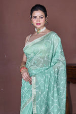 Thumbnail for Morchari Green Cotton Chanderi Embroidery Saree Unstitched Blouse