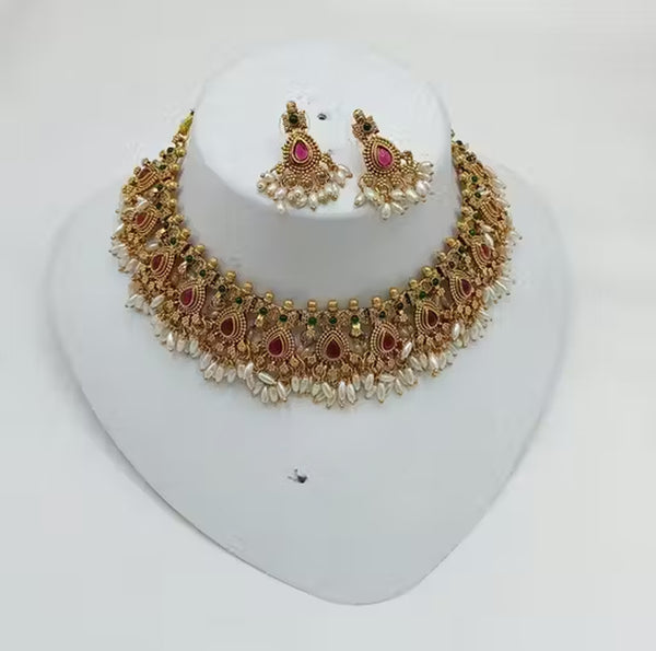 Jewel City Handcrafted Antique Gold-Plated Kundan Choker Necklace Set with Pearls | Traditional Indian Ethnic Bridal Jewelry Set