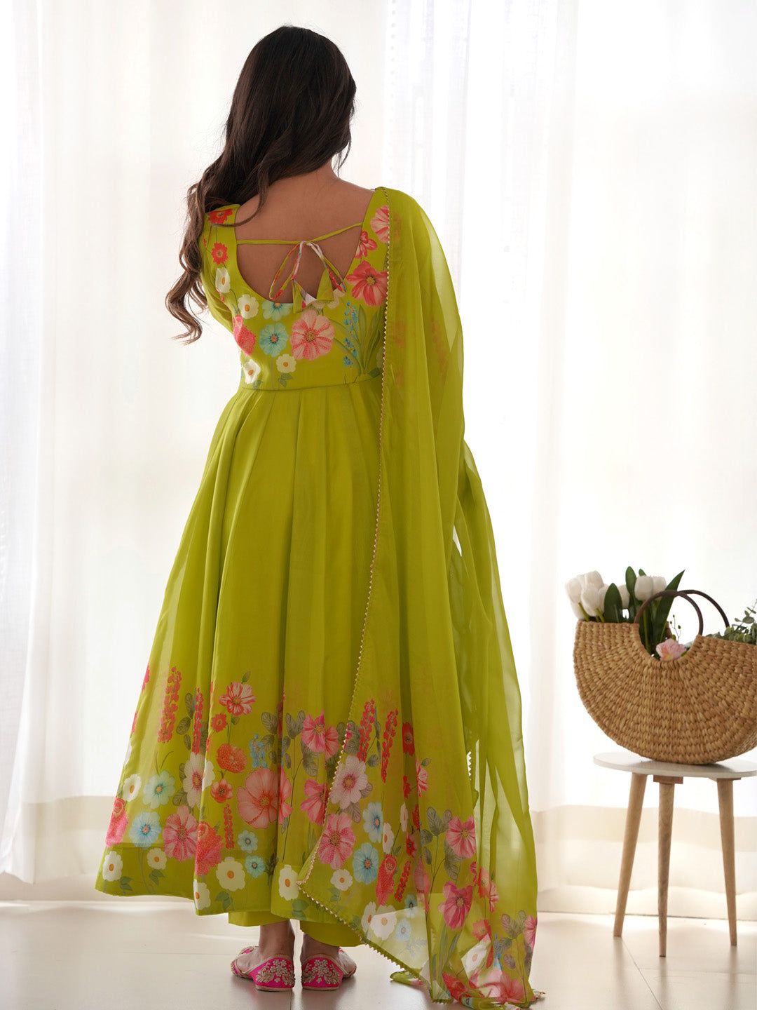 Evanik Parrot Soft Organza Silk With Floral Print Fully Flared Anarkali Pant With Dupatta Set