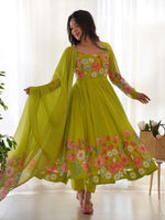 Thumbnail for Evanik Parrot Soft Organza Silk With Floral Print Fully Flared Anarkali Pant With Dupatta Set