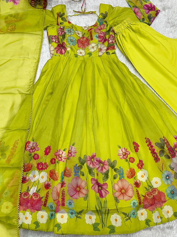 Evanik Parrot Soft Organza Silk With Floral Print Fully Flared Anarkali Pant With Dupatta Set