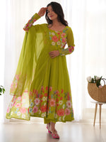 Thumbnail for Evanik Parrot Soft Organza Silk With Floral Print Fully Flared Anarkali Pant With Dupatta Set