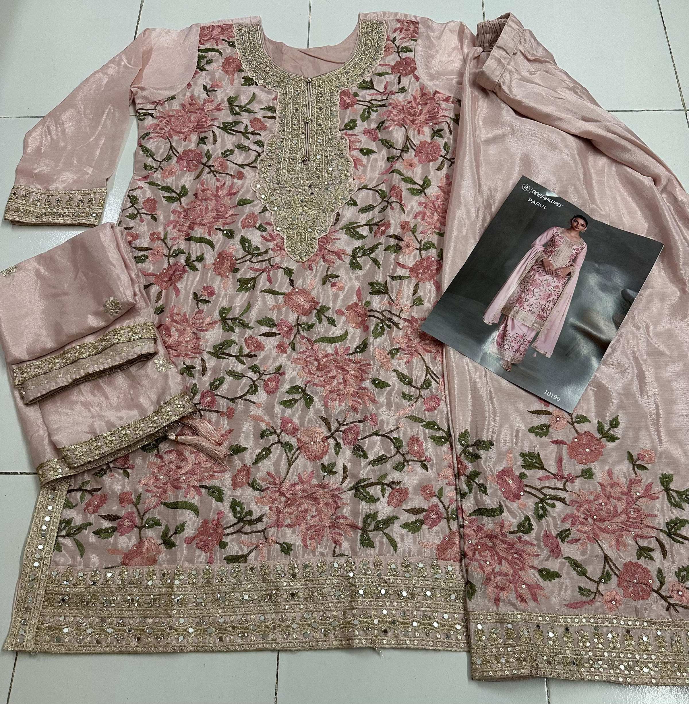 Aarshi Fashions Light Pink Chinon Heavy Embroidery Wedding Palazzo Suit