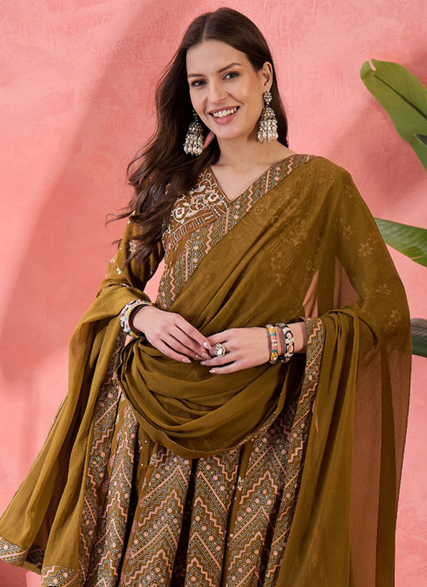 Vegaa Fashion Mustard Roman Silk Embroidered Palazzo Suit