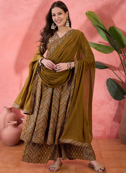 Vegaa Fashion Mustard Roman Silk Embroidered Palazzo Suit