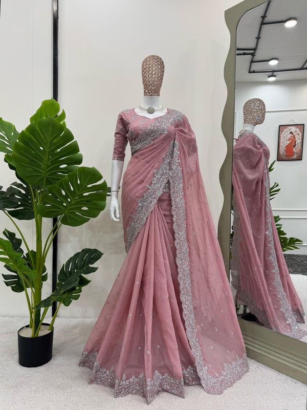 Preksha Creation Women Heavy Tibby Silk Fabric with Thread & Sequence work Saree - Distacart