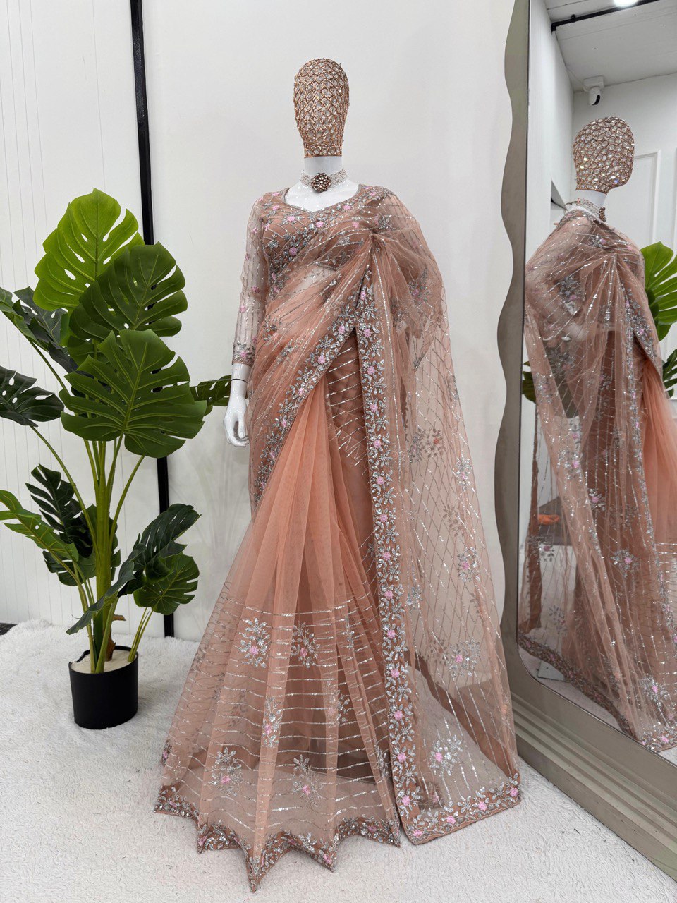 Preksha Creation Women Soft Net Fabric with Thread & Sequence work Saree - Distacart