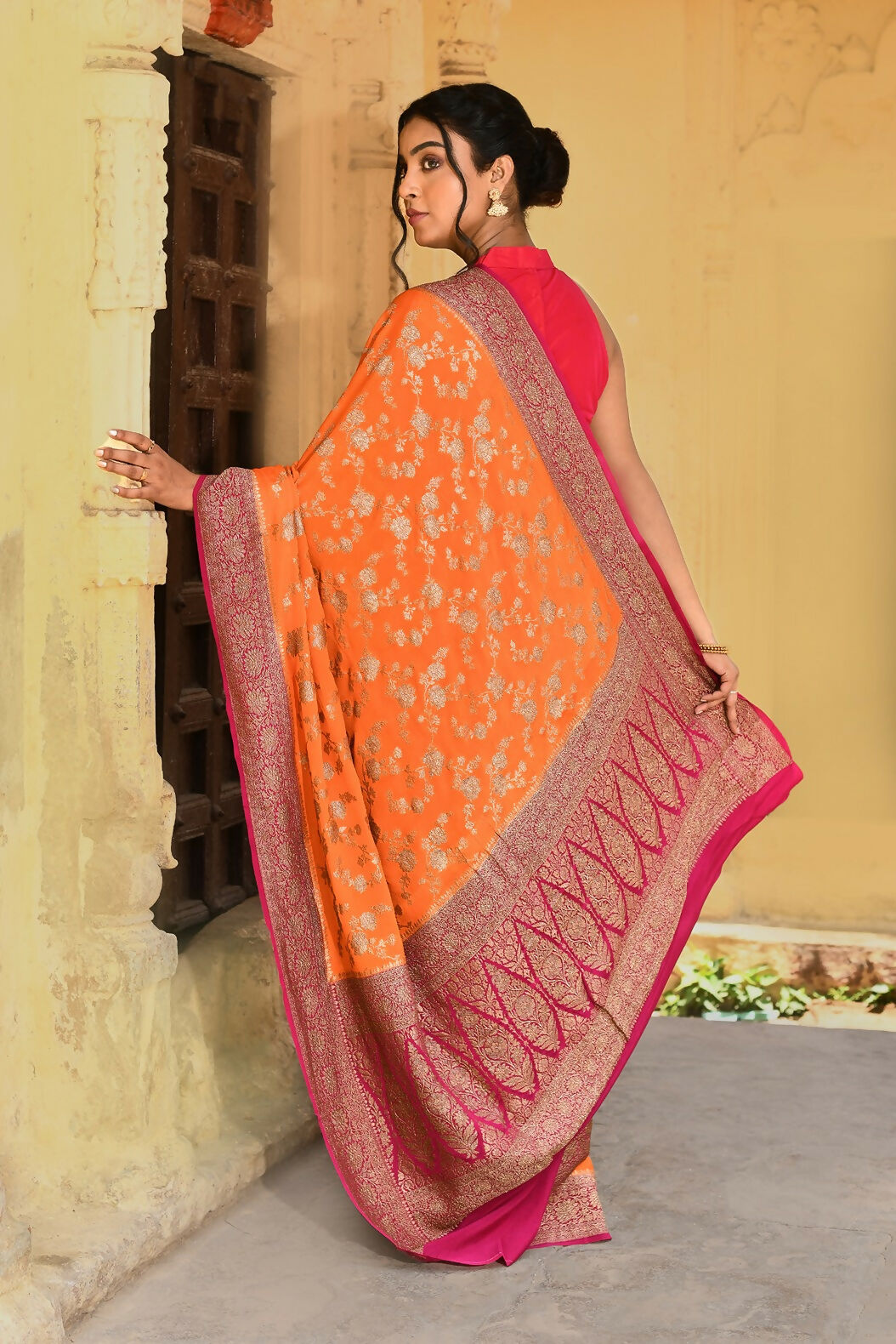 Joban Fashion Orange Crepe Chiffon Pure Handloom Banarasi Silk Saree