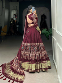 Thumbnail for Vastranavya Traditional Every Occasion Gaji Silk Digital Print With Lagadi Patta Lehenga with Unstitched Blouse - Maroon