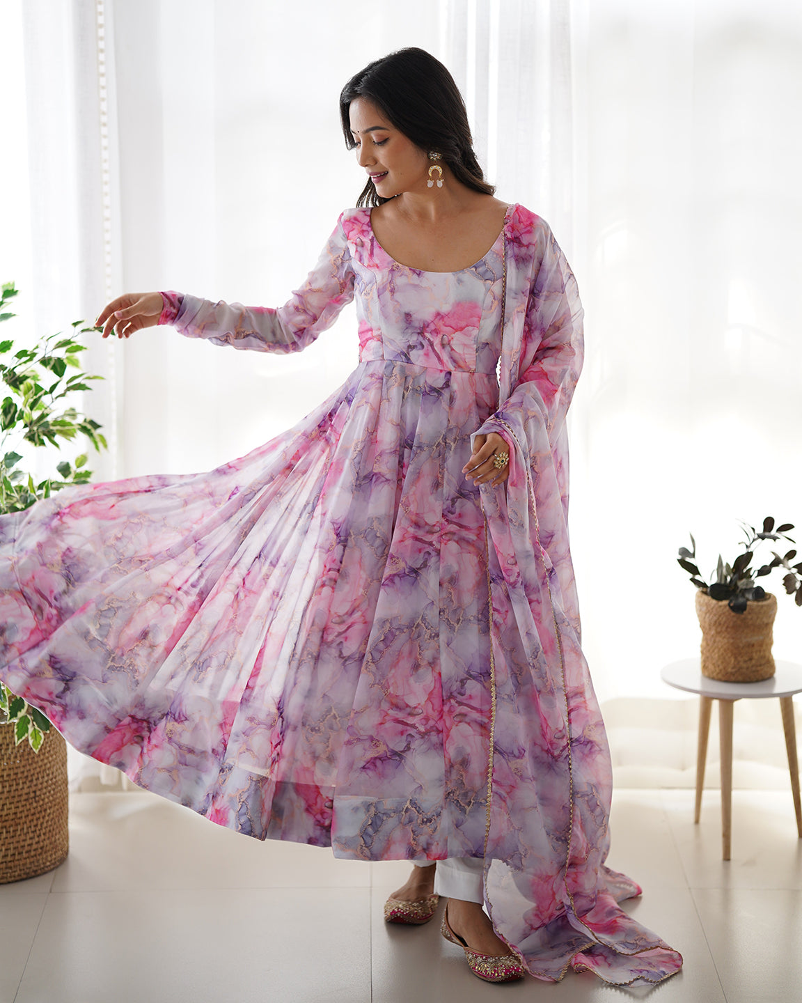 Lorenvalley Fashion Women Pure Soft Organza Silk Print Fully Flair Anarkali With Pent Dupatta Set - Pink