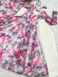 Thumbnail for Lorenvalley Fashion Women Pure Soft Organza Silk Print Fully Flair Anarkali With Pent Dupatta Set - Pink