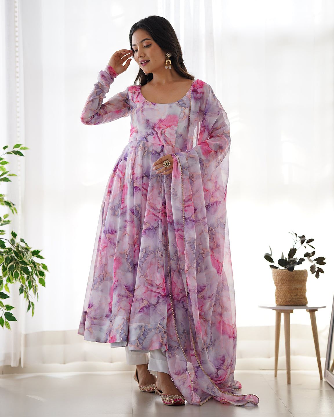 Lorenvalley Fashion Women Pure Soft Organza Silk Print Fully Flair Anarkali With Pent Dupatta Set - Pink