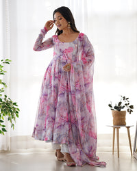 Thumbnail for Lorenvalley Fashion Women Pure Soft Organza Silk Print Fully Flair Anarkali With Pent Dupatta Set - Pink