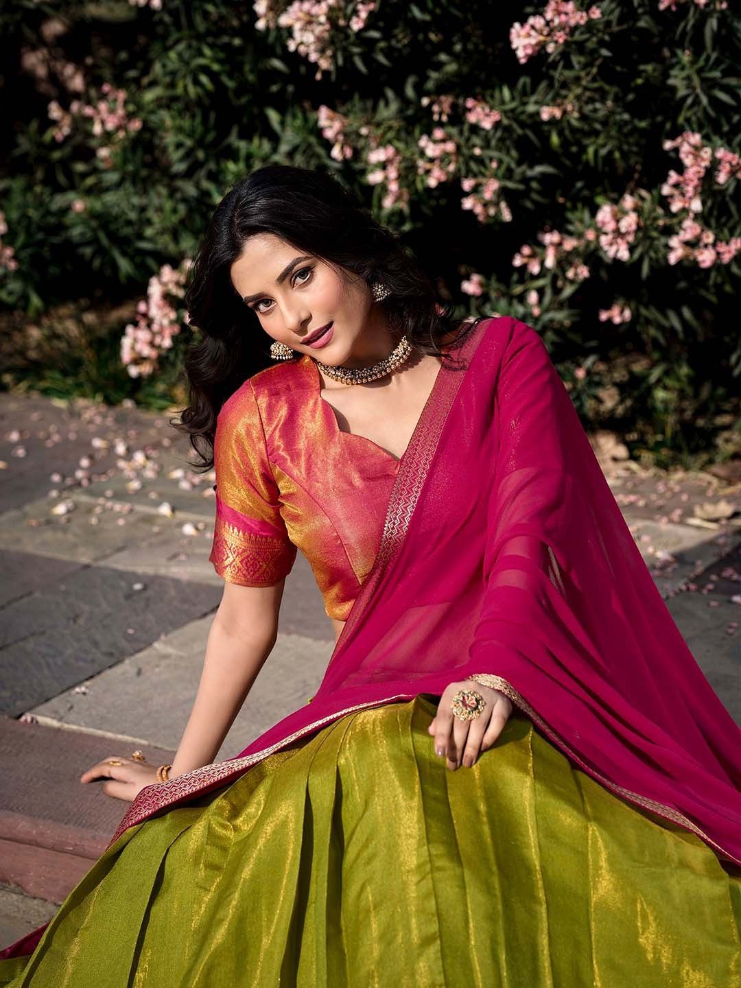 Evanik Women South-Style Kanchipuram Silk Stitched Lehenga With Unstitched Blouse & Dupatta