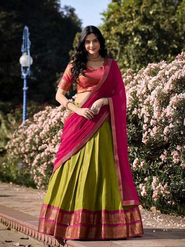 Evanik Women South-Style Kanchipuram Silk Stitched Lehenga With Unstitched Blouse & Dupatta