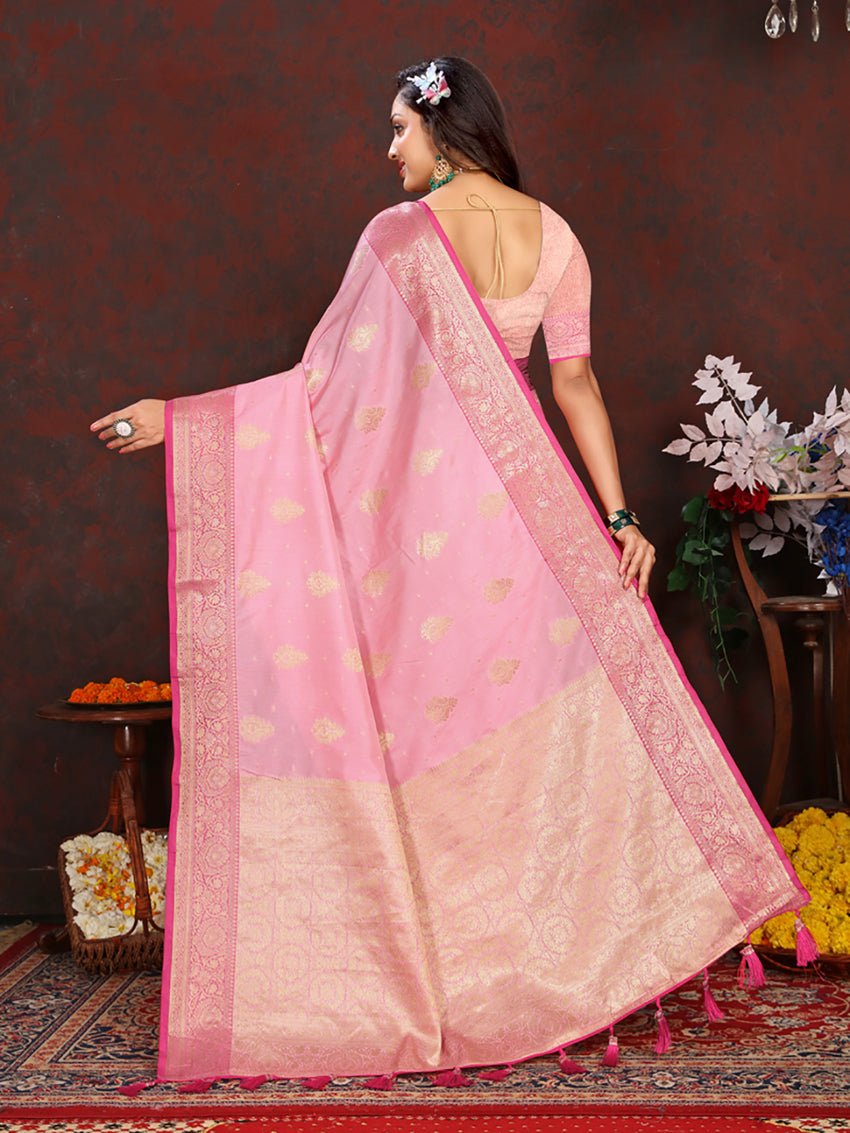 Lorenvalley Fashion Pink Soft Katan Silk Woven Design Zari Weaving Pallu Saree